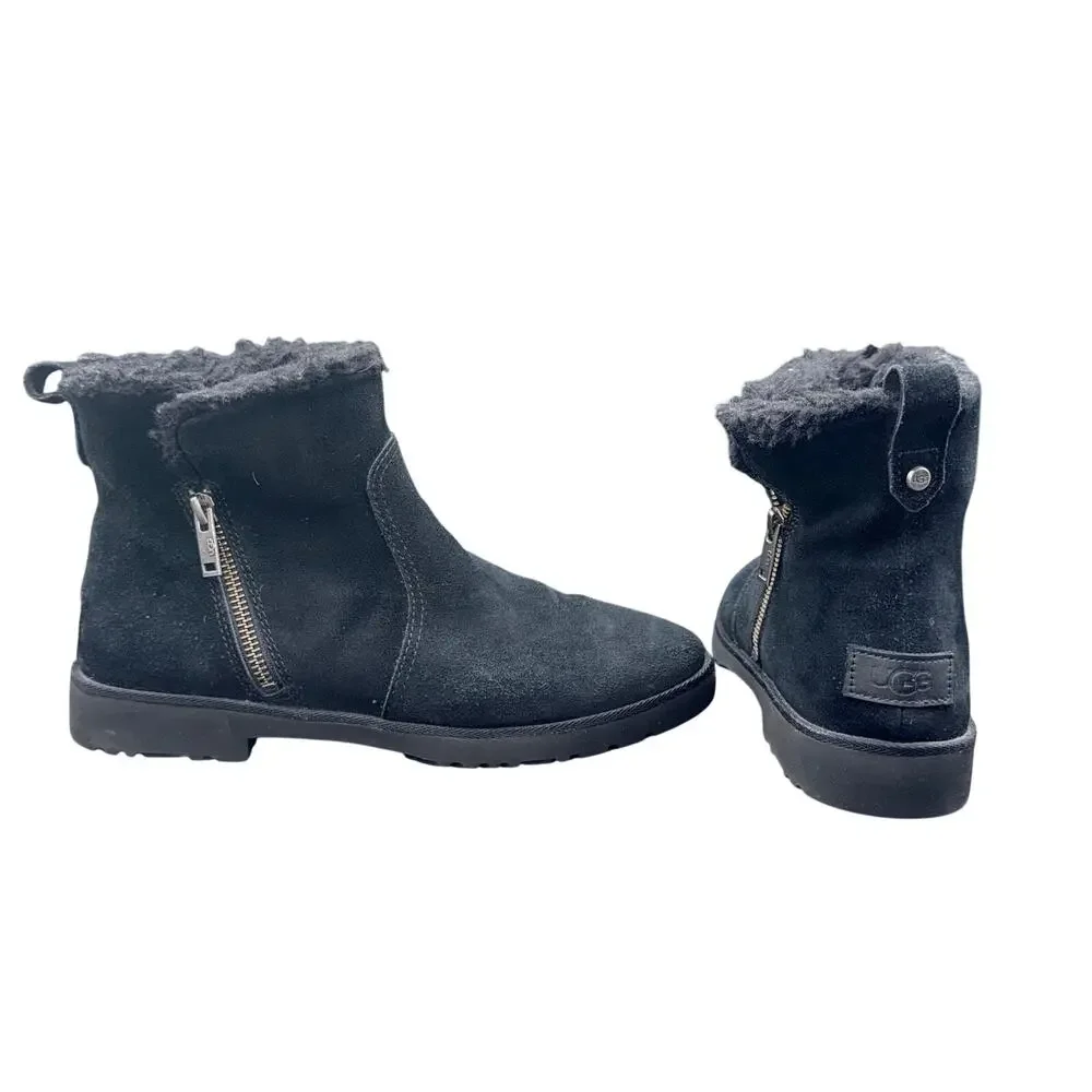 UGG Lorna Mini Zip Boots Black Suede Shearling Womens 8.5 Waterproof